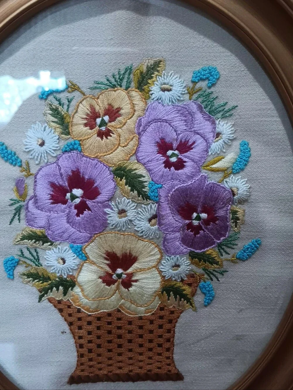 Vintage Completed Framed Floral Embroidery Wall Art - Purple and Cream Pansies